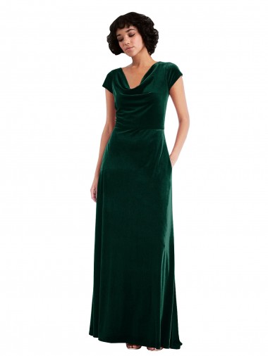 Cheapest Stretch Velvet A-Line Long Cap Sleeves Black Tie Evening Dress Canada