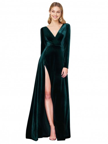 Cheapest Stretch Velvet A-Line Sweep Train Long Sleeves Black Tie Evening Dress Canada