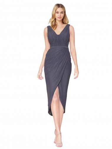 Cheapest Soft Chiffon Mermaid Cocktail Length Sleeveless Slate Grey V-Back High Low Evening Dress Canada