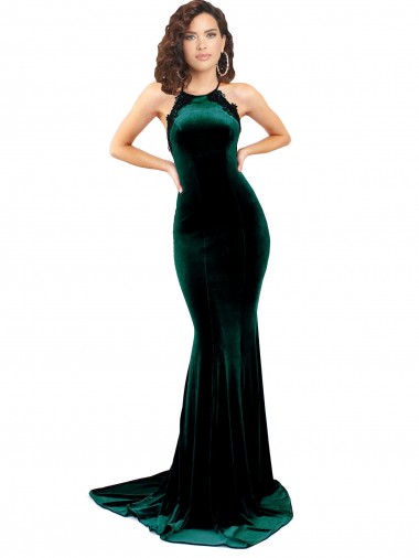 Cheapest Stretch Velvet Mermaid Sweep Train Sleeveless Low Back Formal Evening Dress Canada