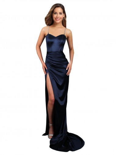 Cheapest Stretch Satin Mermaid Long Sleeveless Dark Navy Prom Dresses Canada